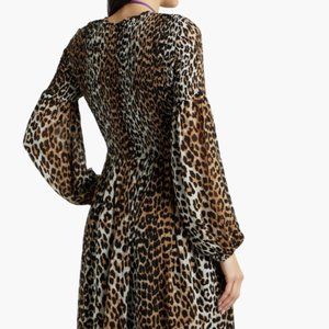 Ganni Shirred leopard-print crepe midi dress